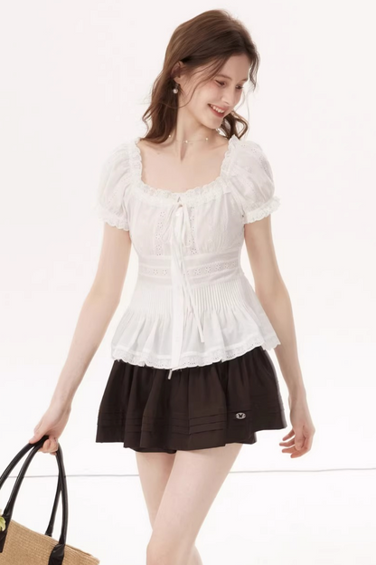 White Ruched Square-Neck Blouse