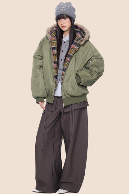 Fur Collar Plaid Parka Jacket