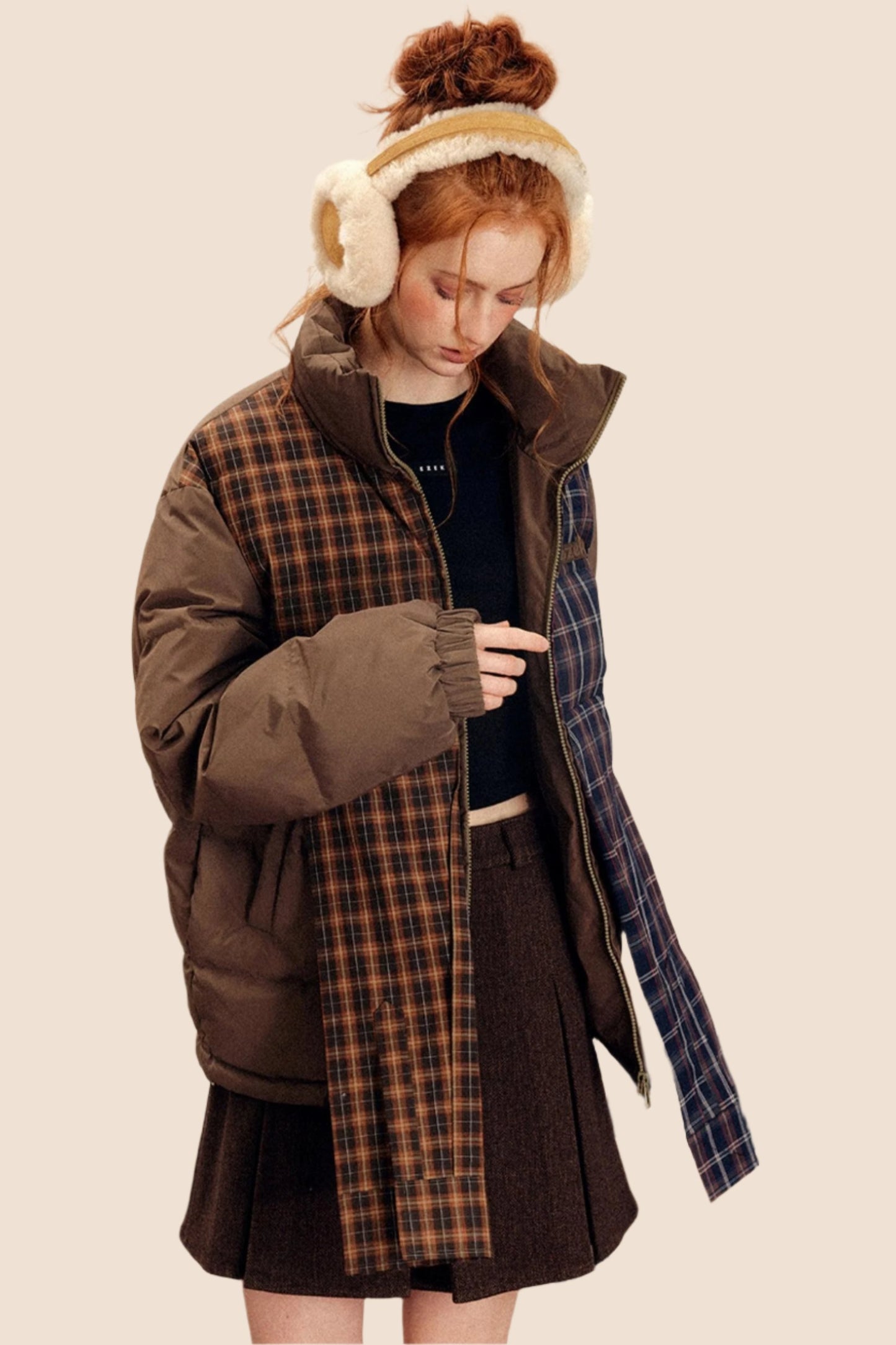 Irregular Plaid Contrast Thickened Cotton Jacket