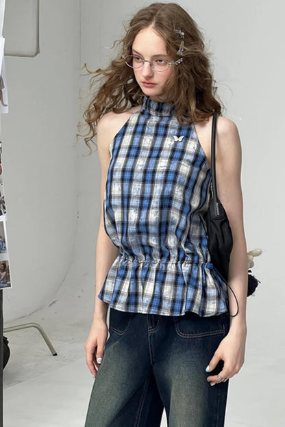 Blue Plaid Halterneck Vest