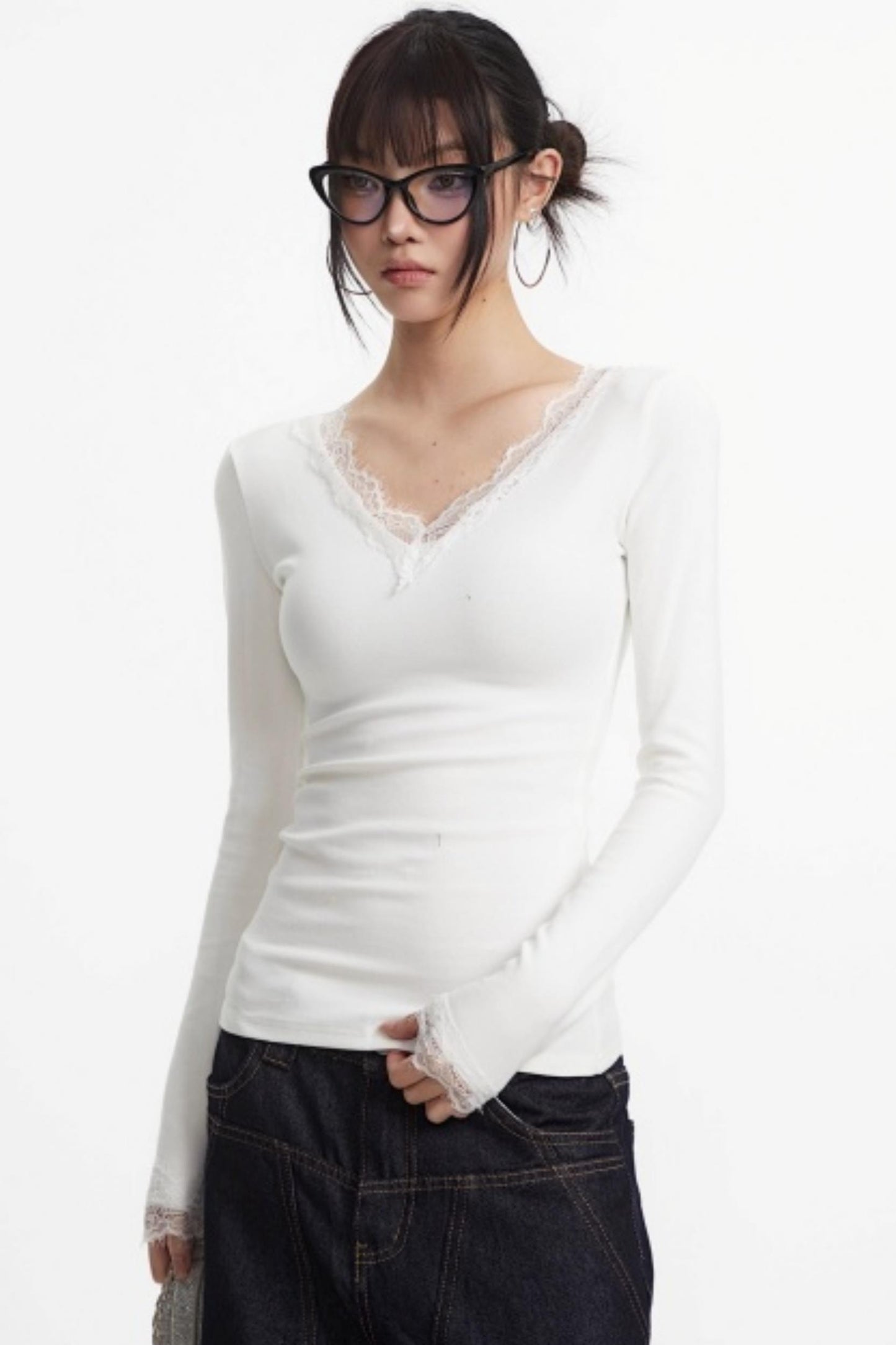 White Lace-Trimmed V-Neck Top