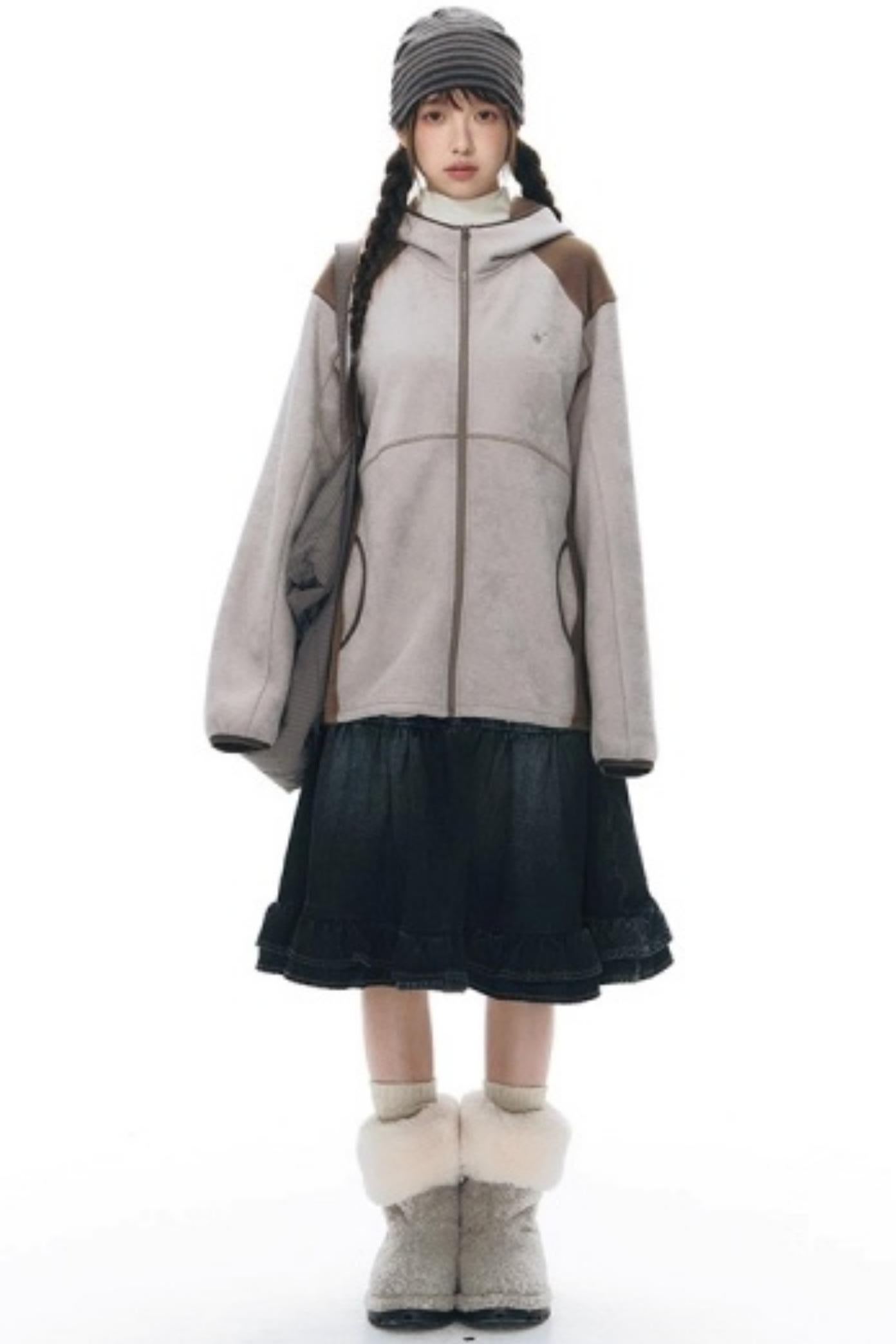 Fleece Patchwork Hooded Jacket