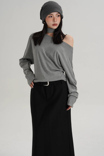 Halterneck Slanted Shoulder Long Sleeve Top