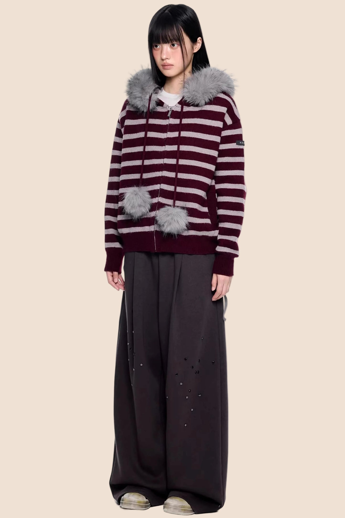 Fur Collar Striped Knit Cardigan