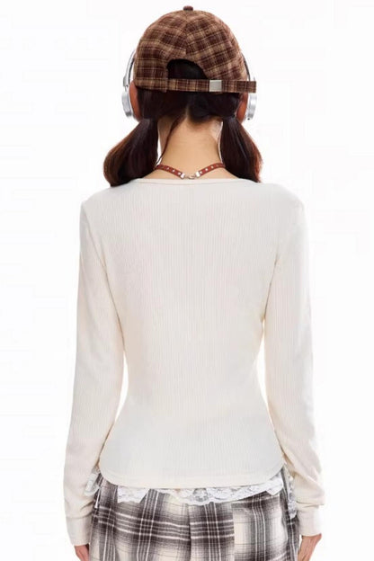 Zipper V-Neck Long-Sleeve Top