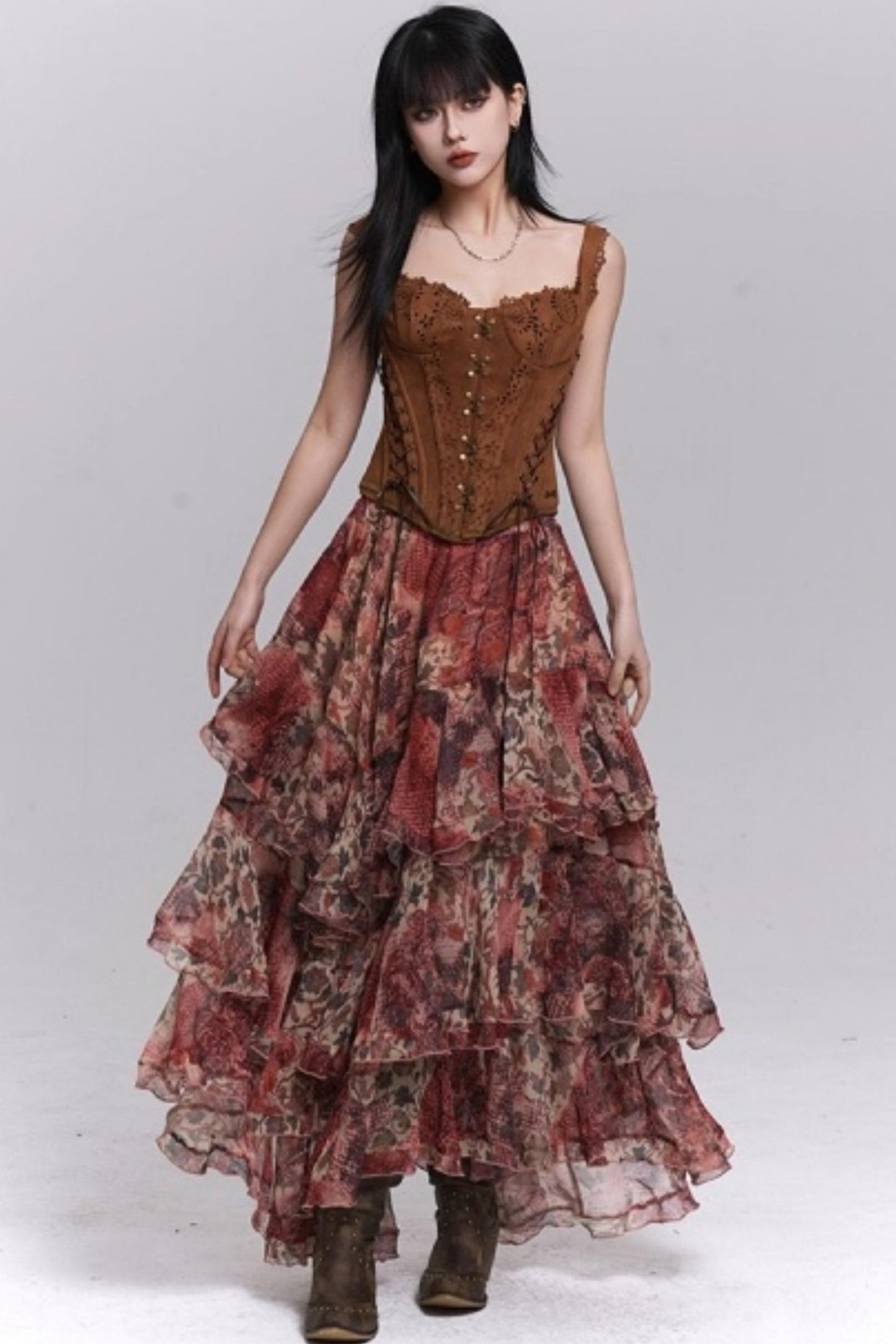 Red Floral Tiered Skirt