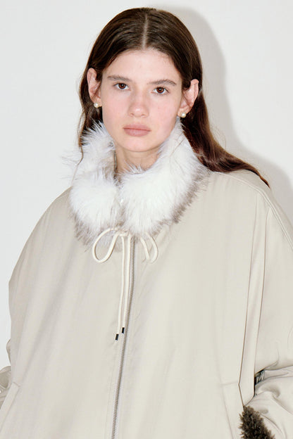 Beige Floral Fur Collar Jacket