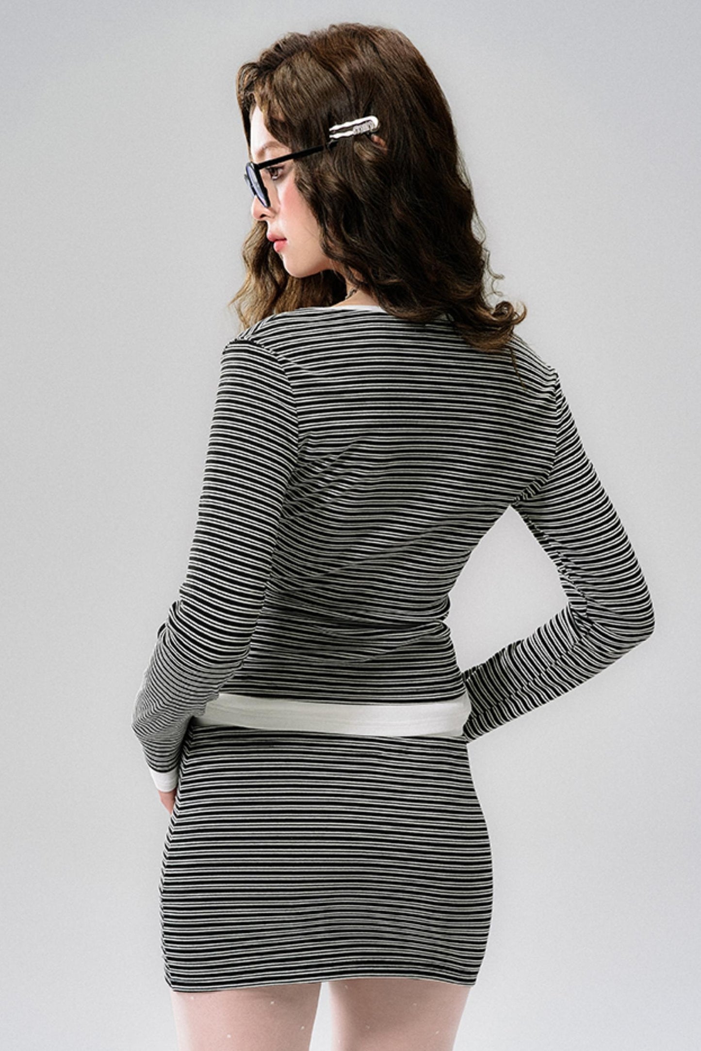 Striped Elegance Black & White Long Sleeve Dress Set-Up