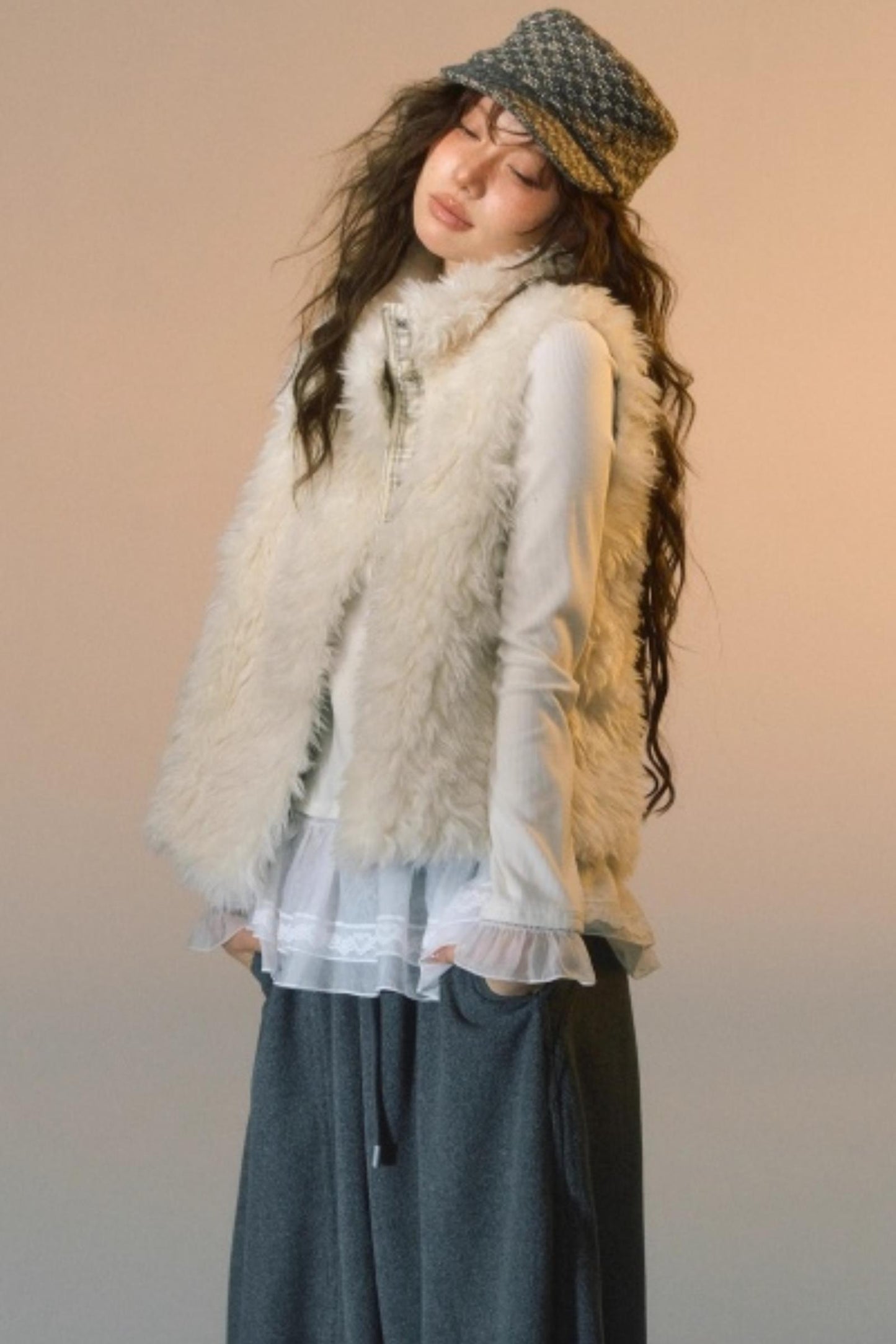 Plaid Patchwork Lamb Wool Reversible Vest