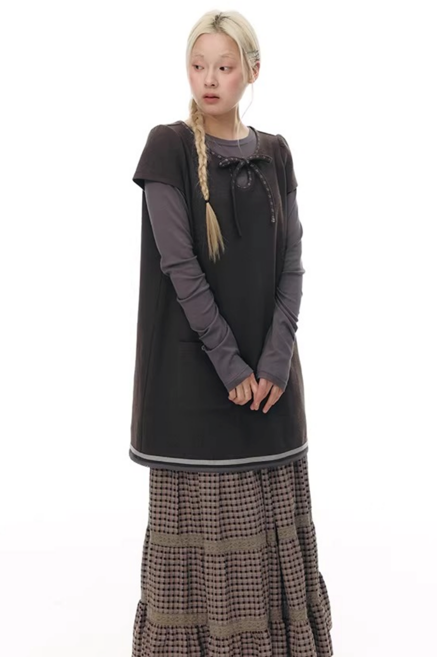 Embroidered Tie Neck Dress