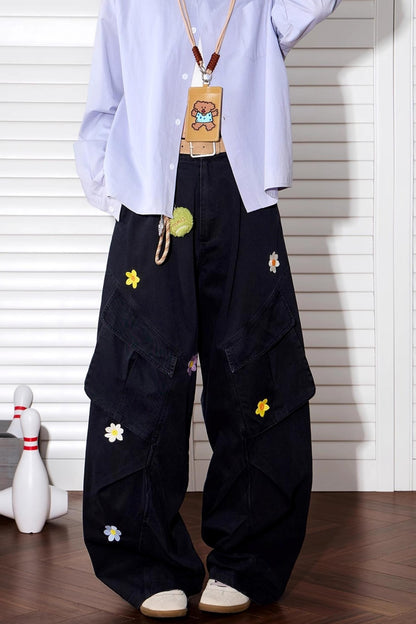 Floral Embroidered Wide-Leg Pants