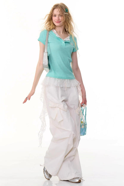 Lace Patchwork Fitted Two-Layer T-Shirt