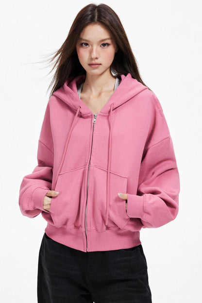 Cropped Hooded Cardigan Zip Jacket