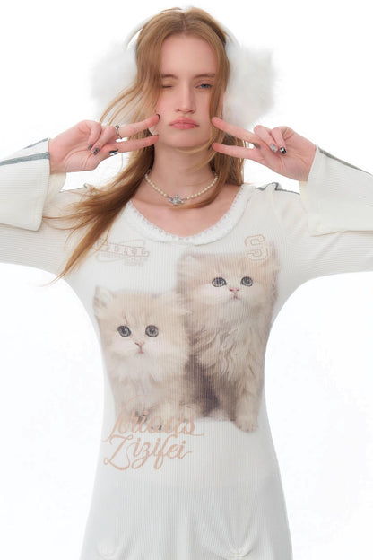 Lace Splicing Cat V-Neck Knitted Dress