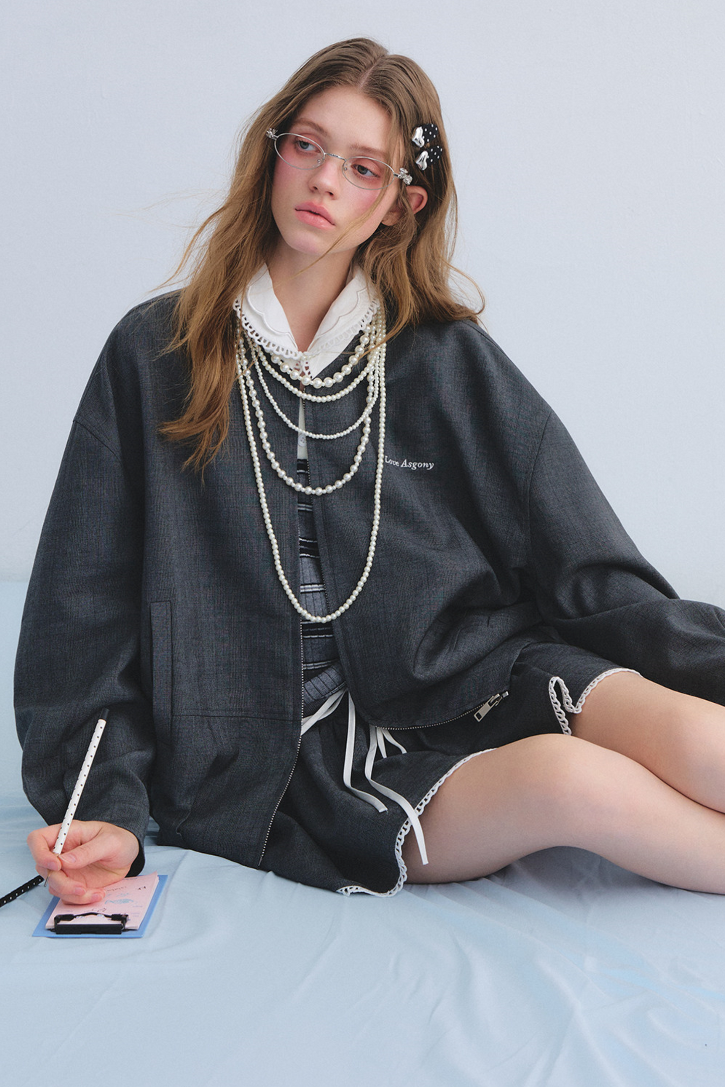 Lace Floral Gray Jacket Skirt Set-Up