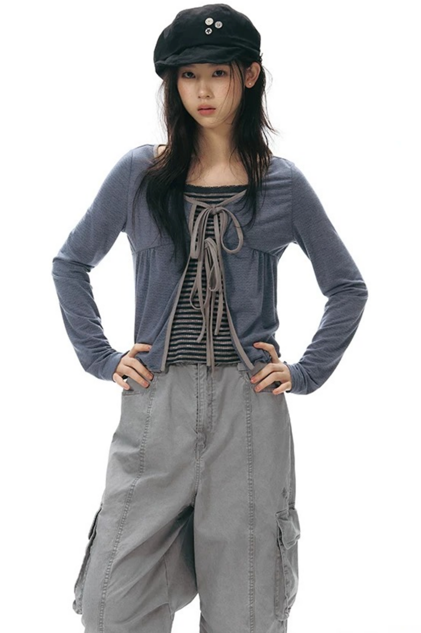 Lace-Up Ruffle Knit Cardigan