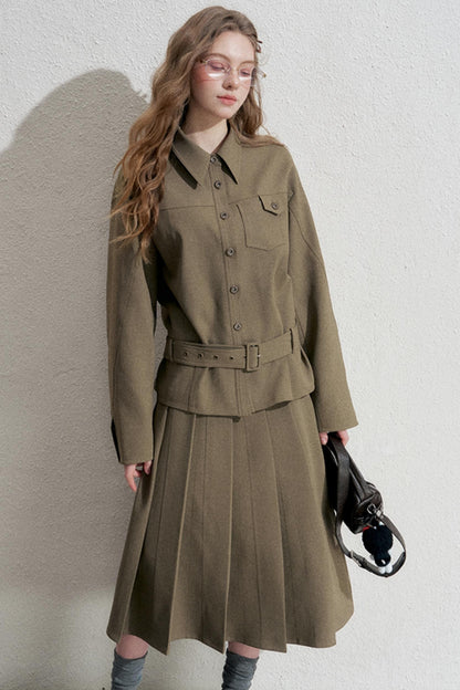 Retro Pleated Skirt With Jacket Set-Up