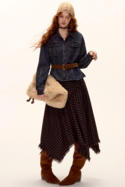 Frayed Hem Plaid Midi Skirt Belt Set