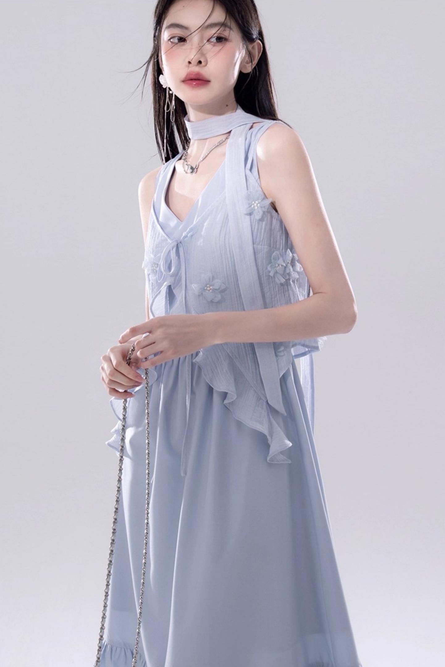 Romantic Blue Flower Cardigan Skirt Set