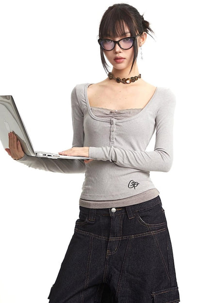 Slim Fit Fake Two-Piece Long Top