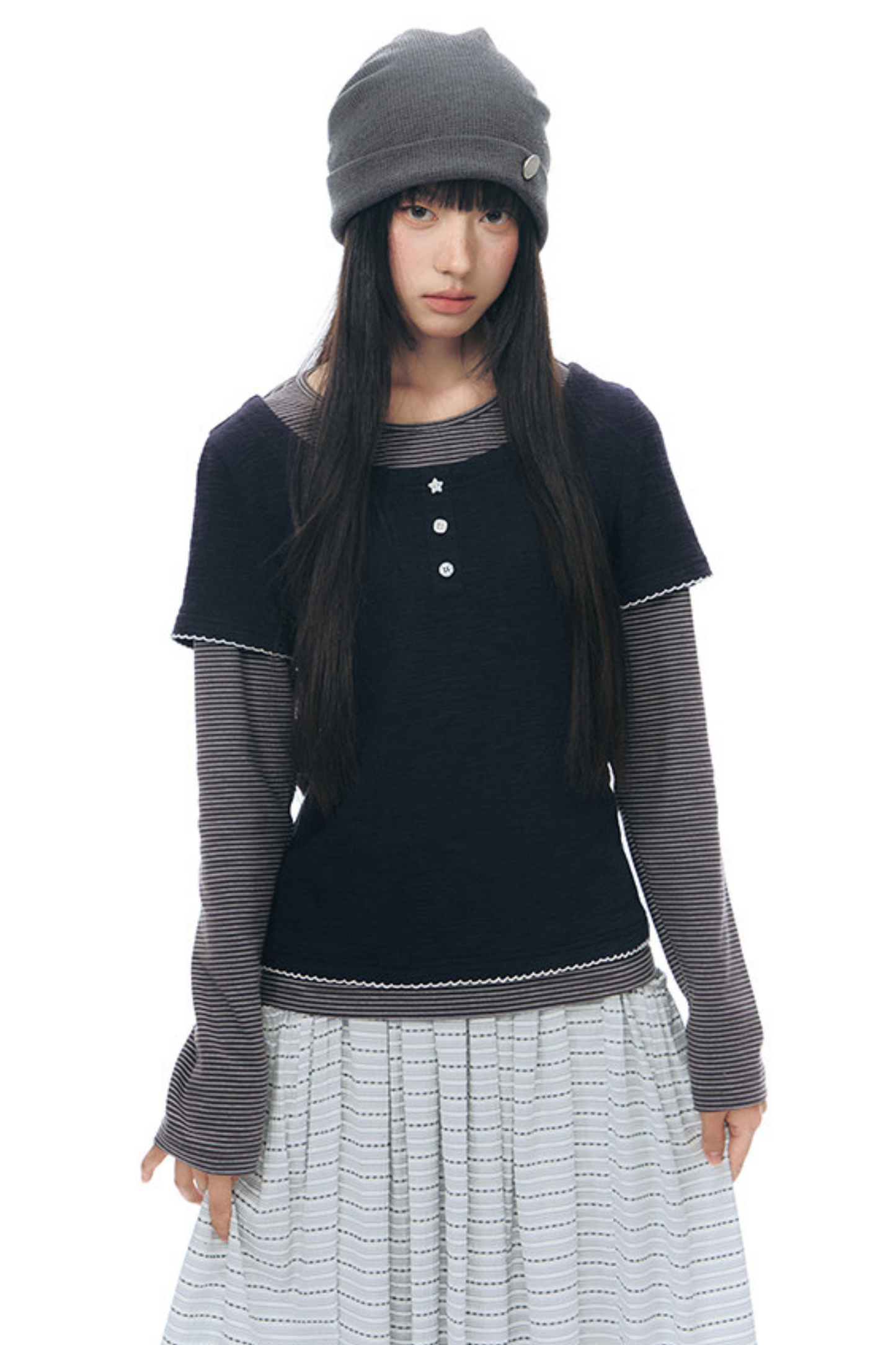 Henley Collar Fake Two-Piece Top