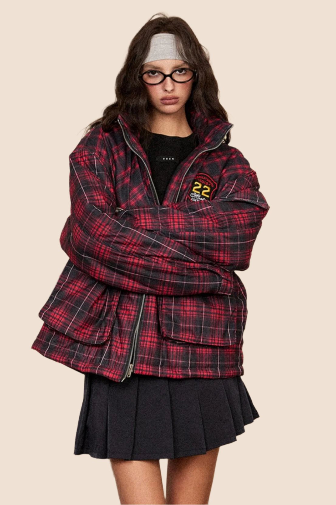 EZEK American Retro Stand Collar Red Plaid Cotton Jacket Baumwolljacke Women's Loose Lazy Thickened Cotton Jacket Breadwear Jacket