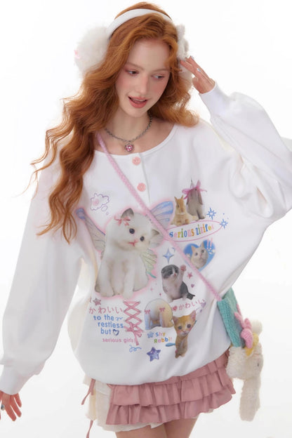 Cat Print Round Neck Sweatshirt