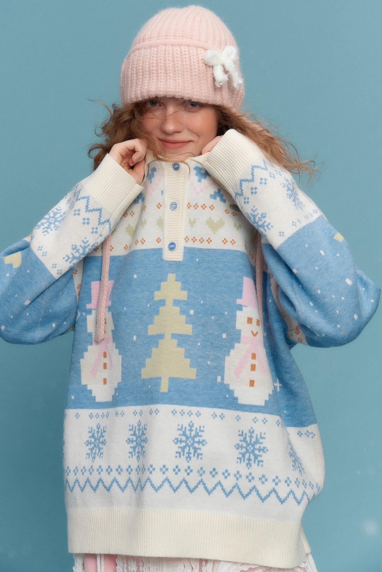 Retro Contrast Snowman Polo Neck Sweater