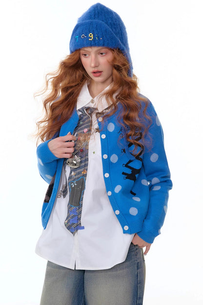 Blue Cat Polka Dot Knitted Cardigan