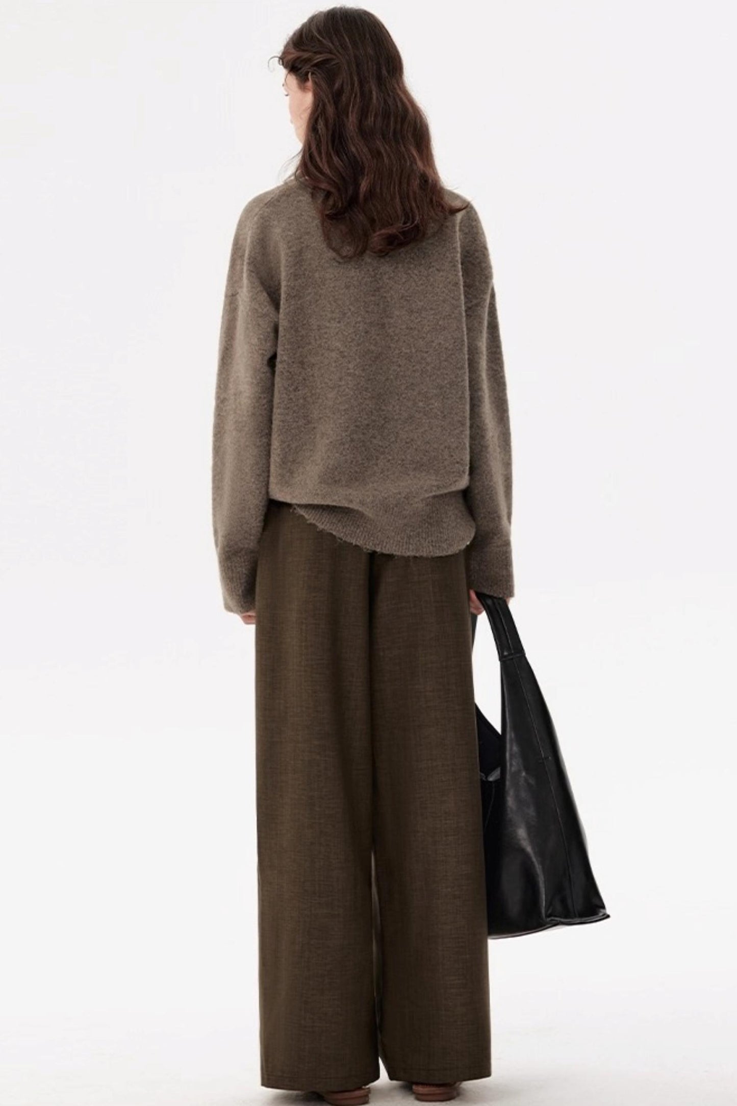 Coffee Elastic Waist Pleats Wide-Leg Suit Pants