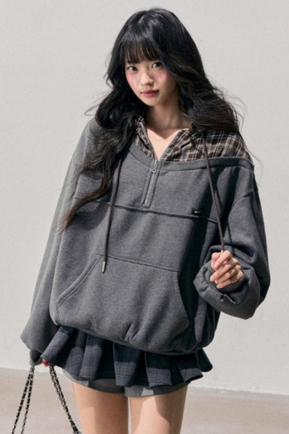 Fake Two Piece Plaid Hooded Jacket