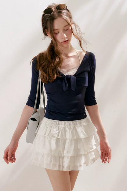French Wave Lace Bow Blouse