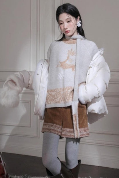 Snow Deer Faux Mink Sweater Scarf Set