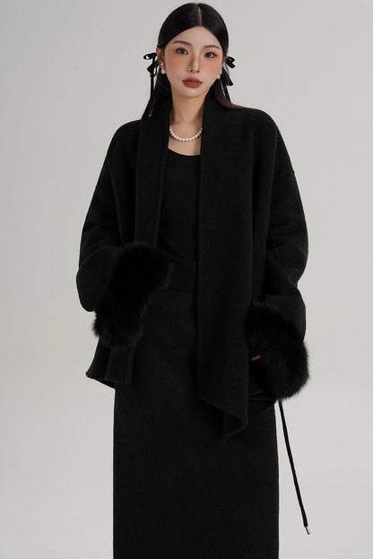 Elegant Fox Fur Sleeve Wool Coat