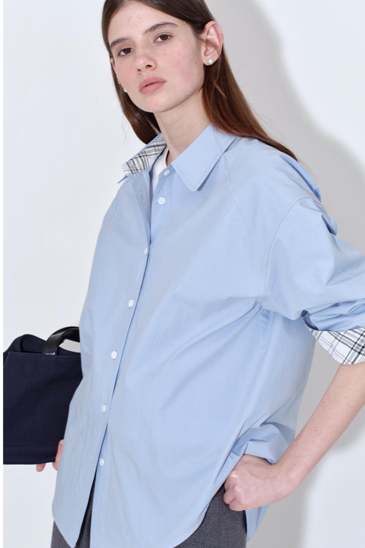 White Mist Blue Check Patchwork Top