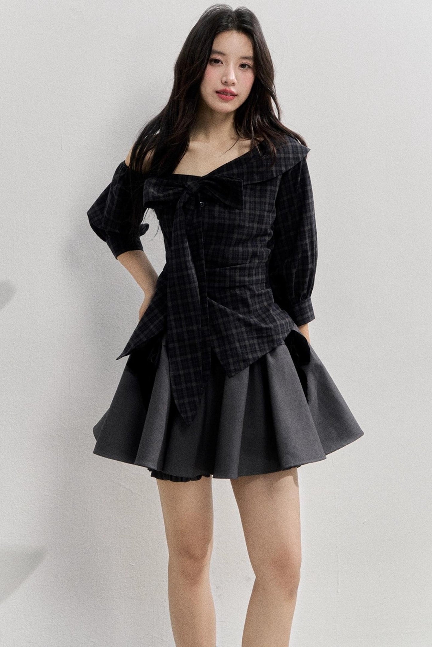 Plaid Bow One-Shoulder Waist Shirt