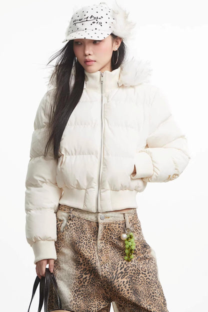 Printed Short Fur Collar Down Jacket