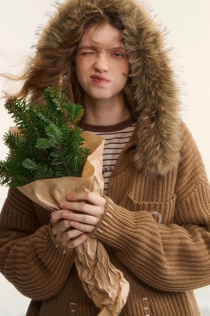 Detachable Fur Hooded Cardigan