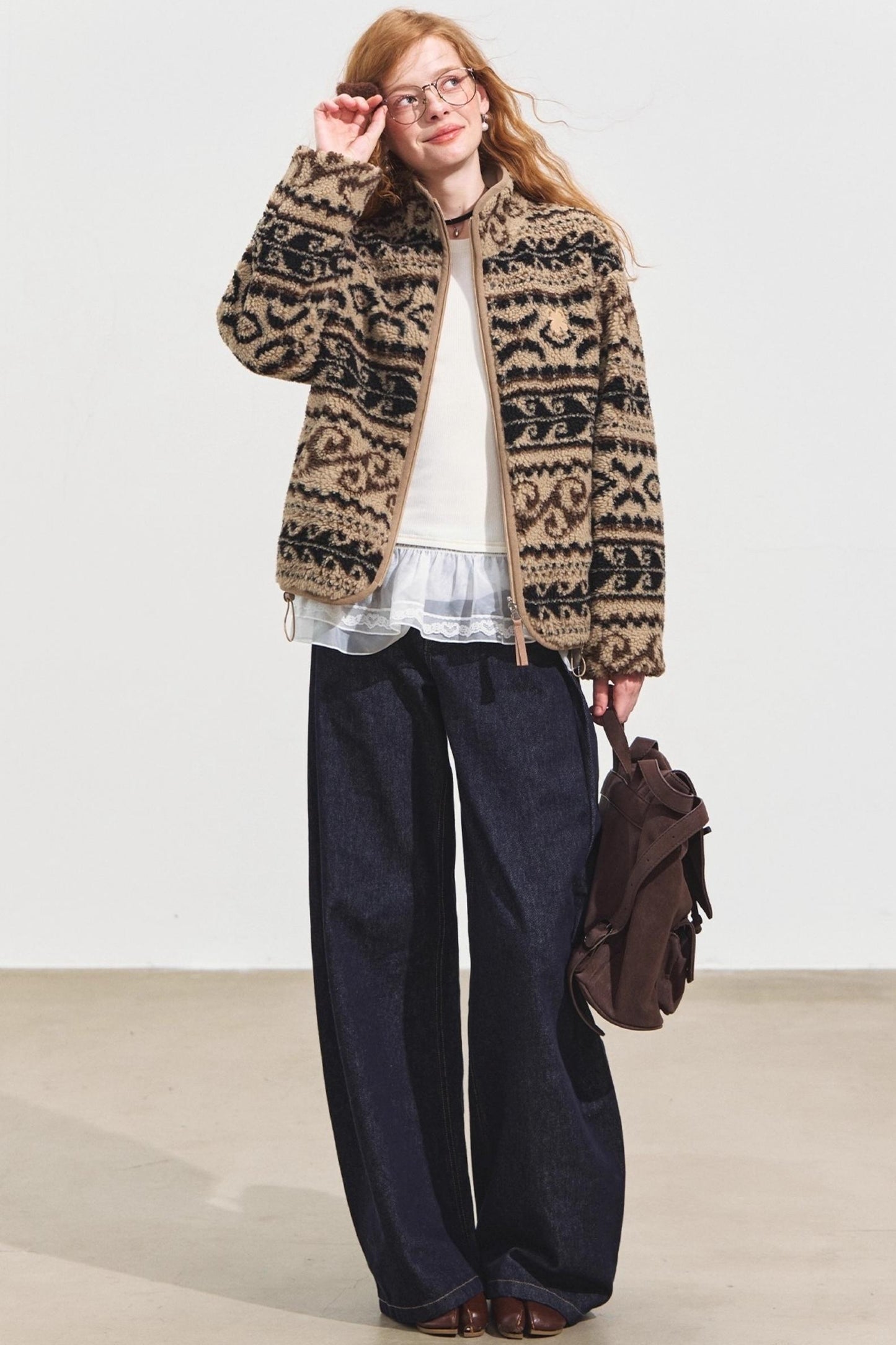 Fleece Jacquard Stand-Up Collar Coat