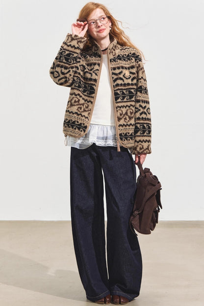 Fleece Jacquard Stand-Up Collar Coat