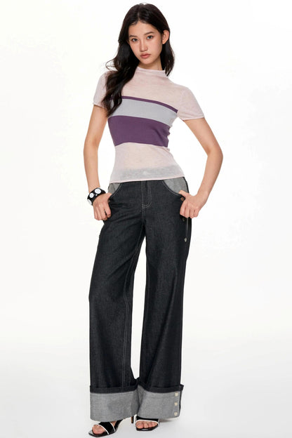 Color Collision High Neck Slim Top