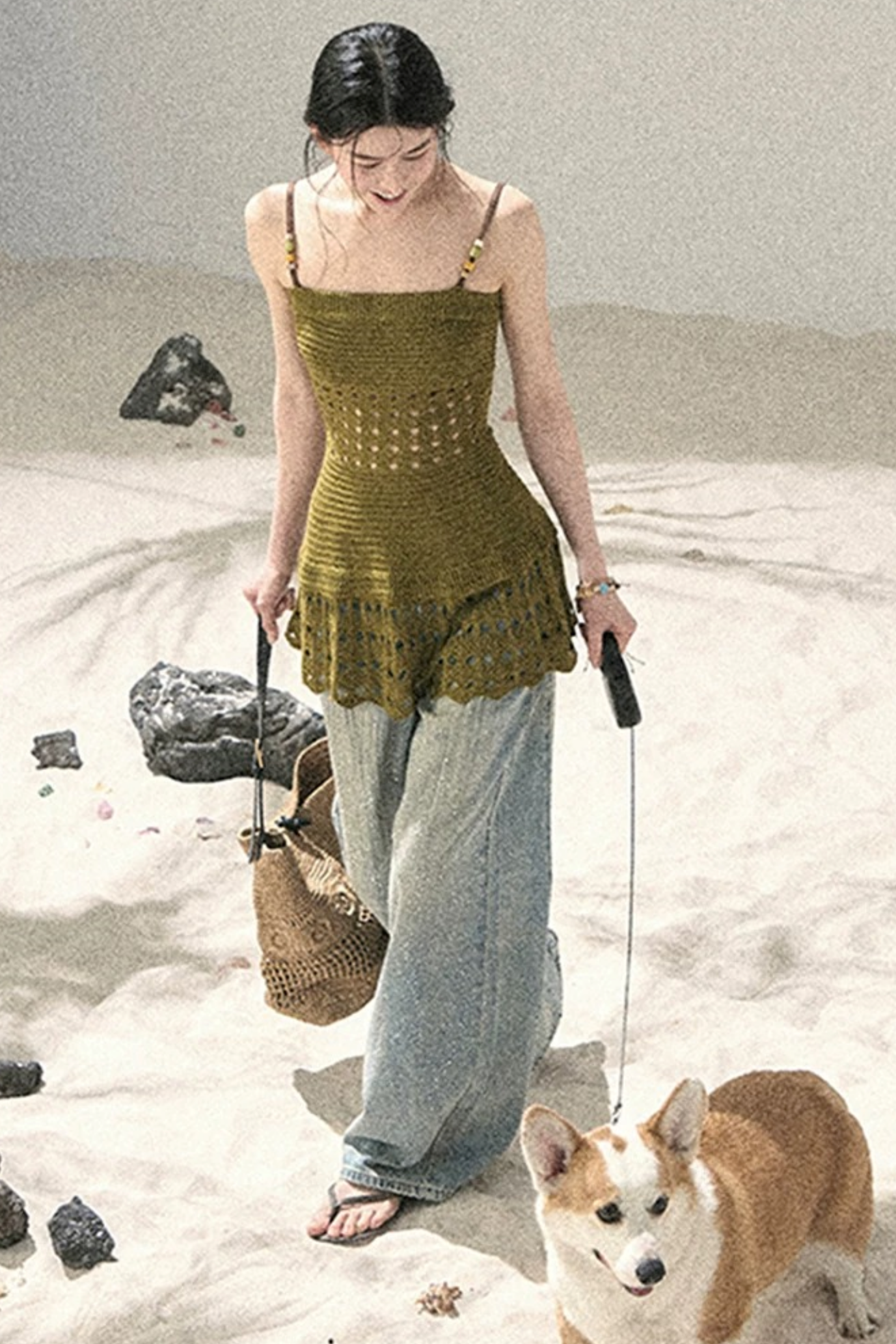 American-Style Rhinestone Wide-Leg Jeans