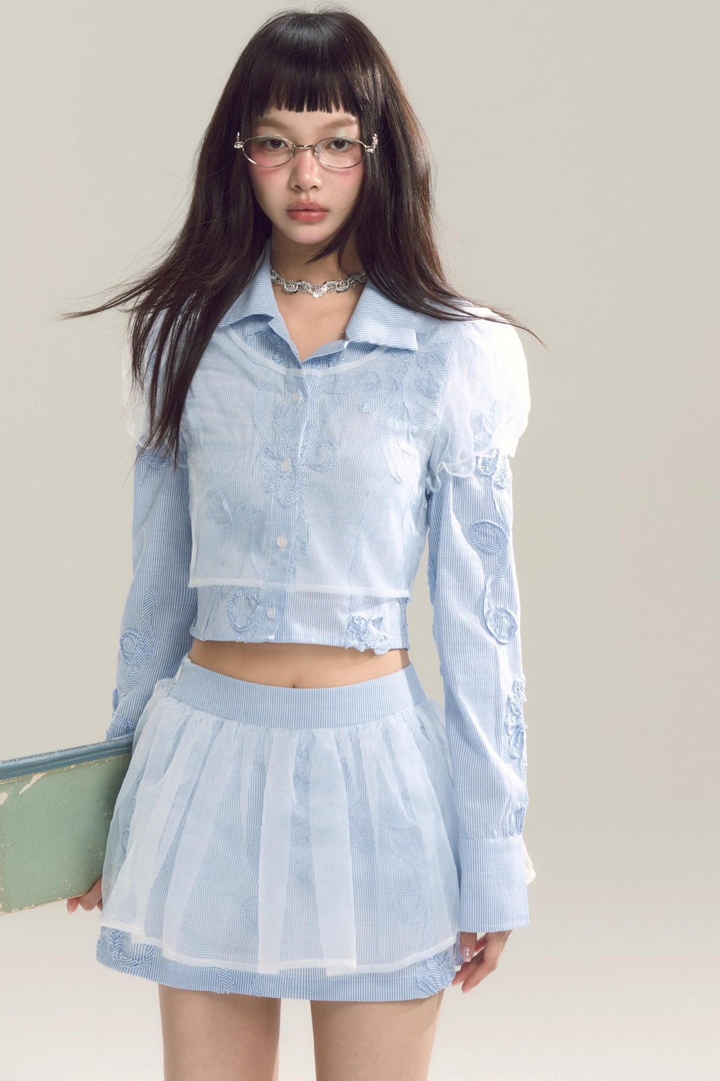 Organza Stripe Skirt Shirt Set-Up