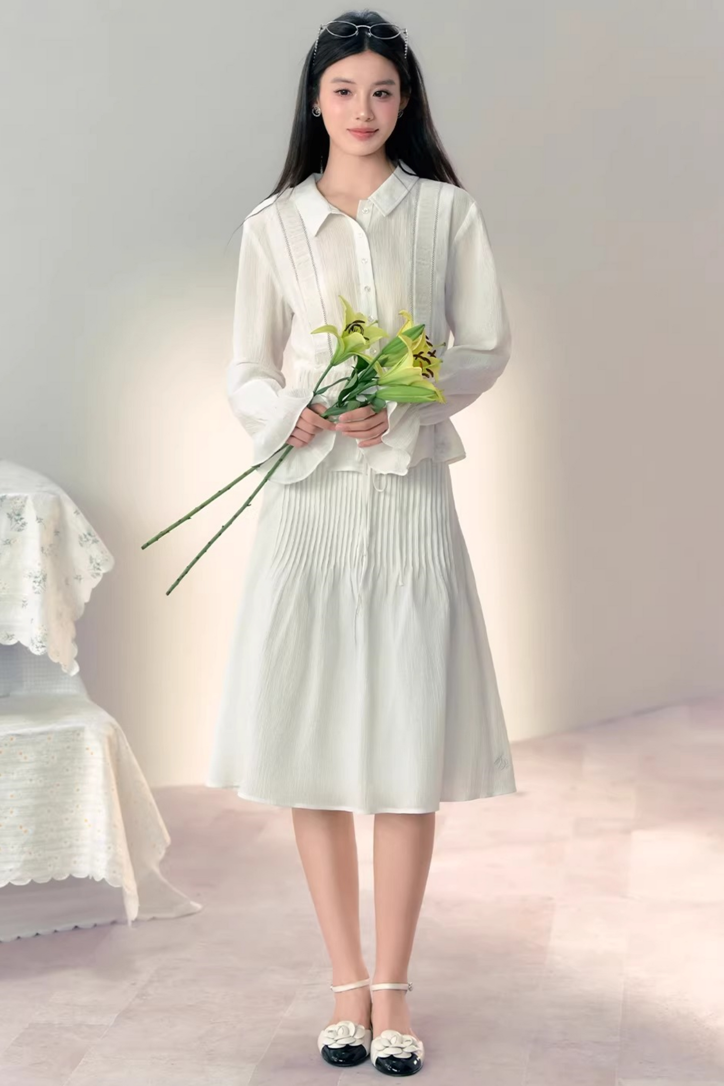 Completo Blusa in Cotone Pieghettato a Mano