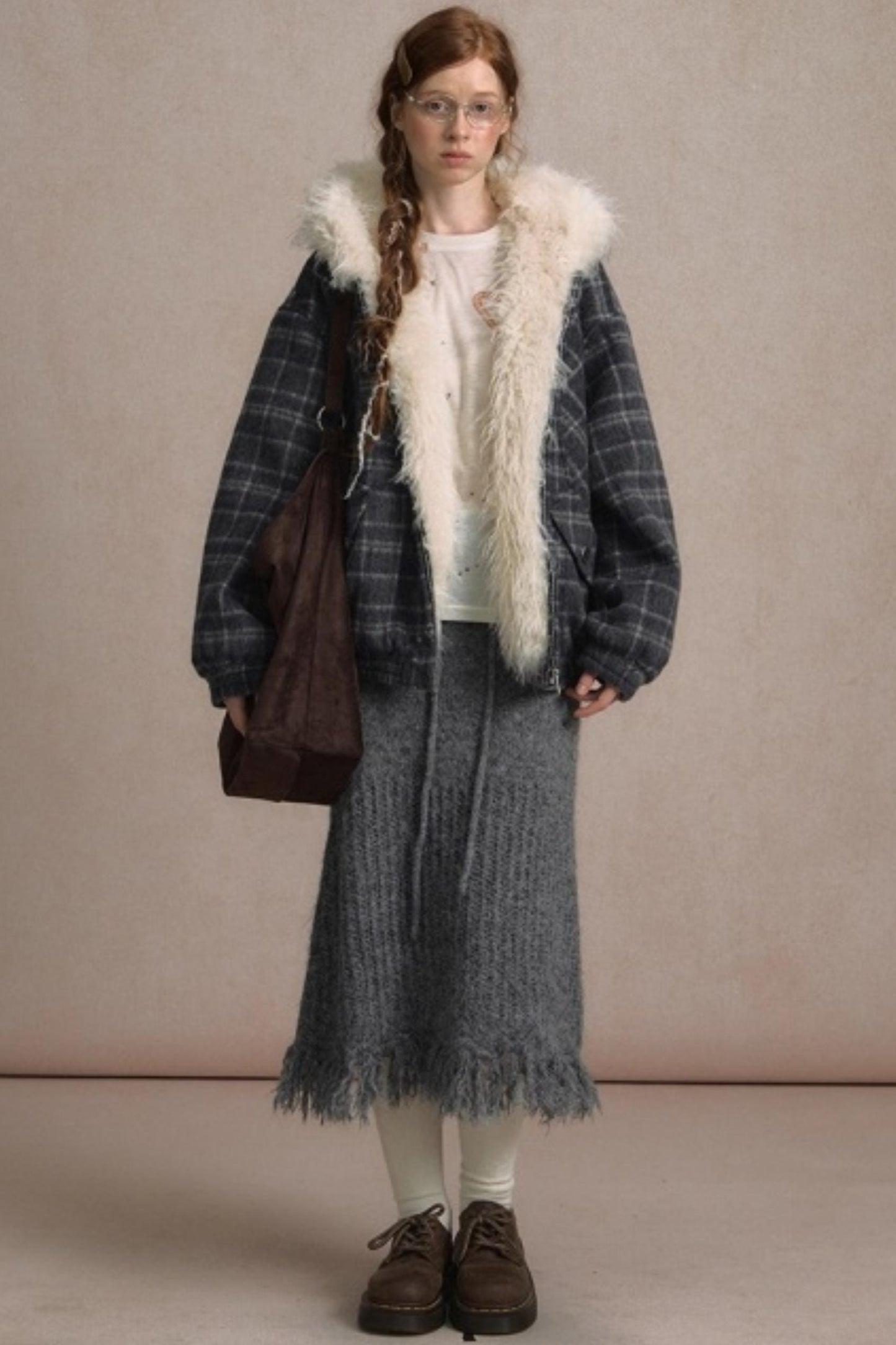 Elk Fur Collar Plaid Woolen Jacket