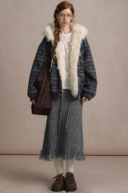 Elk Fur Collar Plaid Woolen Jacket
