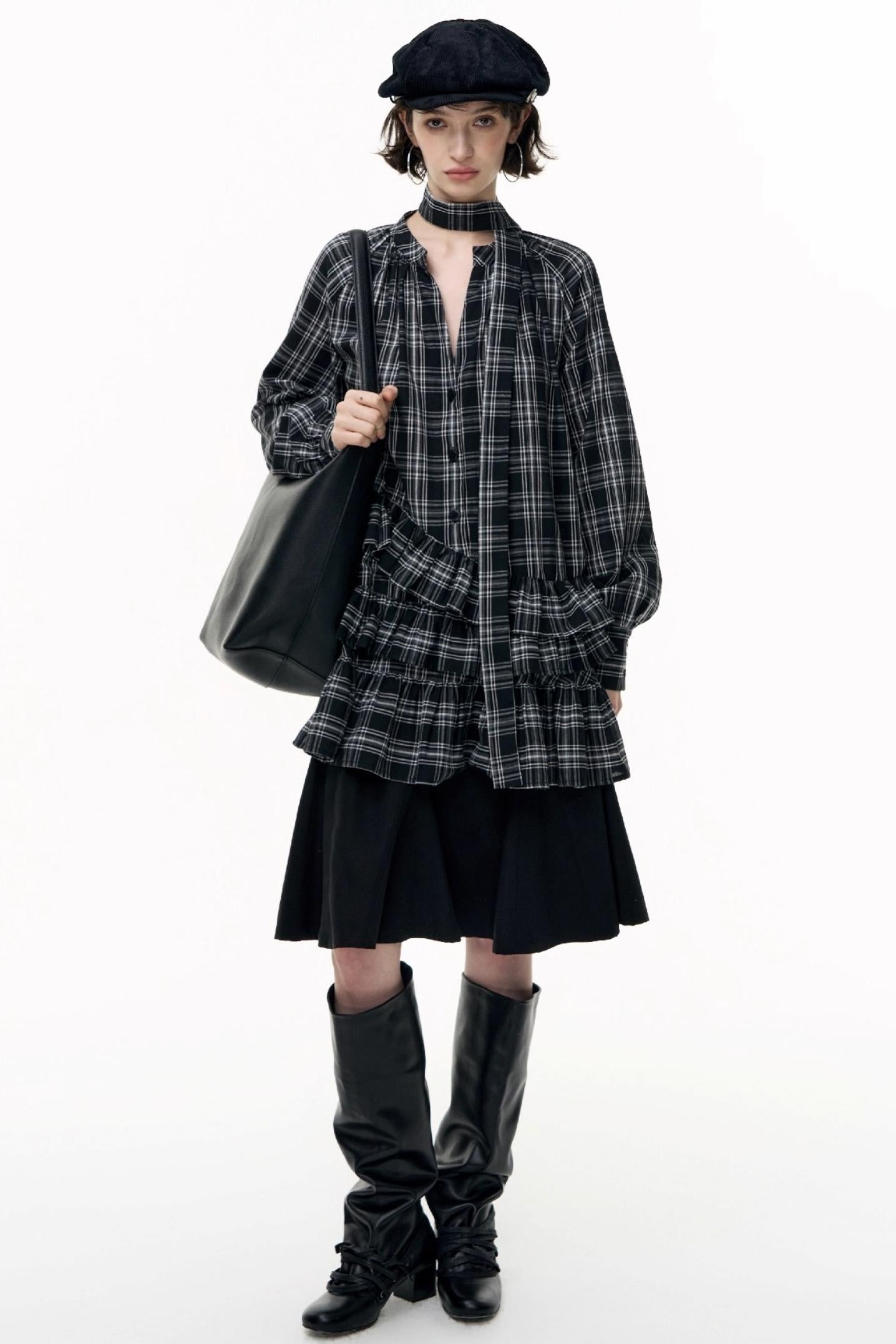 Plaid Ruffle Long Sleeve Shirt Dress