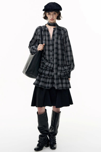 Plaid Ruffle Long Sleeve Shirt Dress