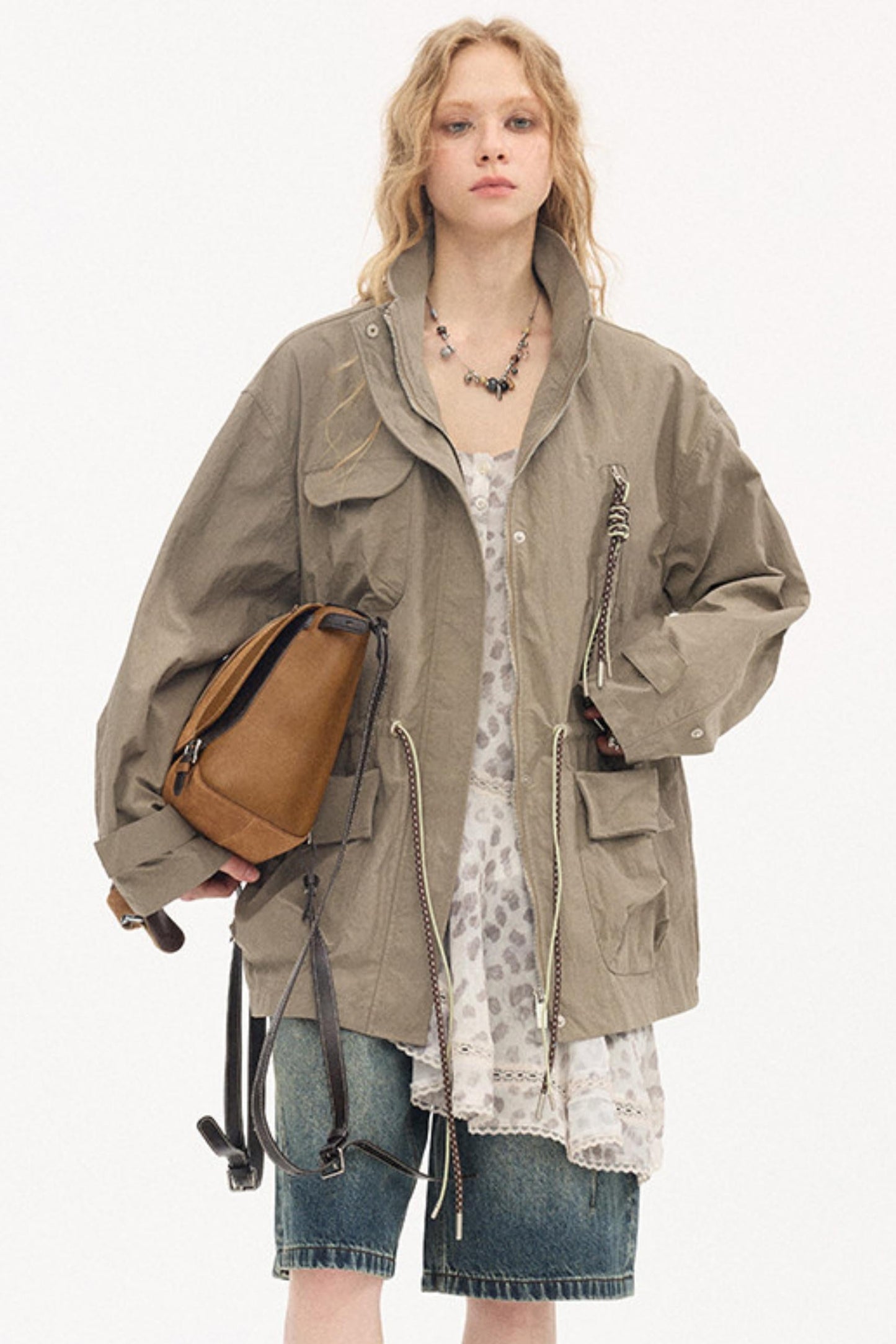 Twisted Pocket Stand Collar Jacket