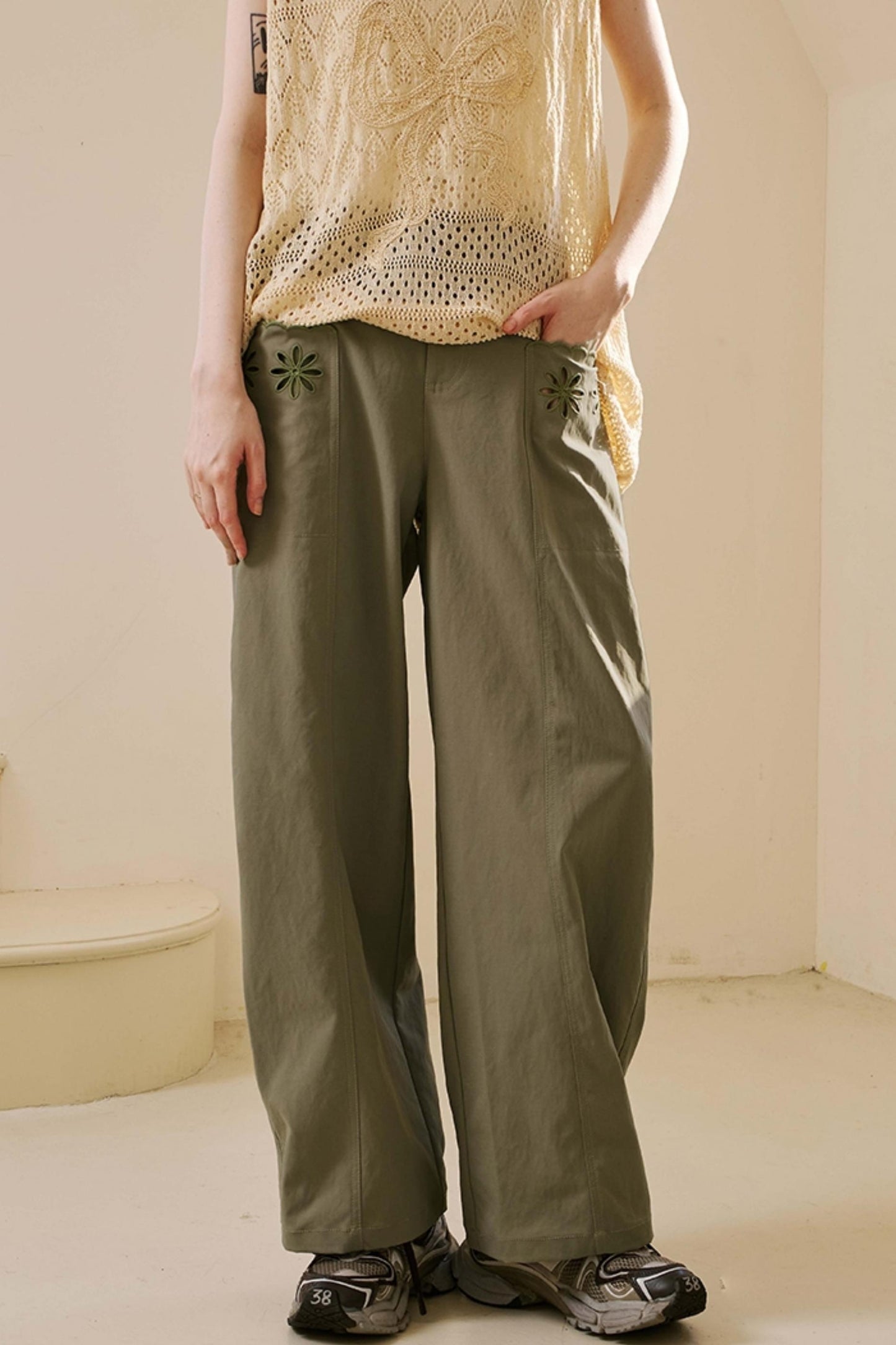 Embroidered Denim Scimitar Pants